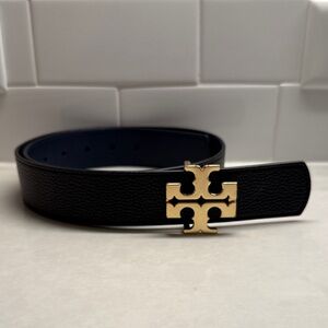 Tory Burch Kira Reversible Black/Navy Belt with T Logo Buckle
